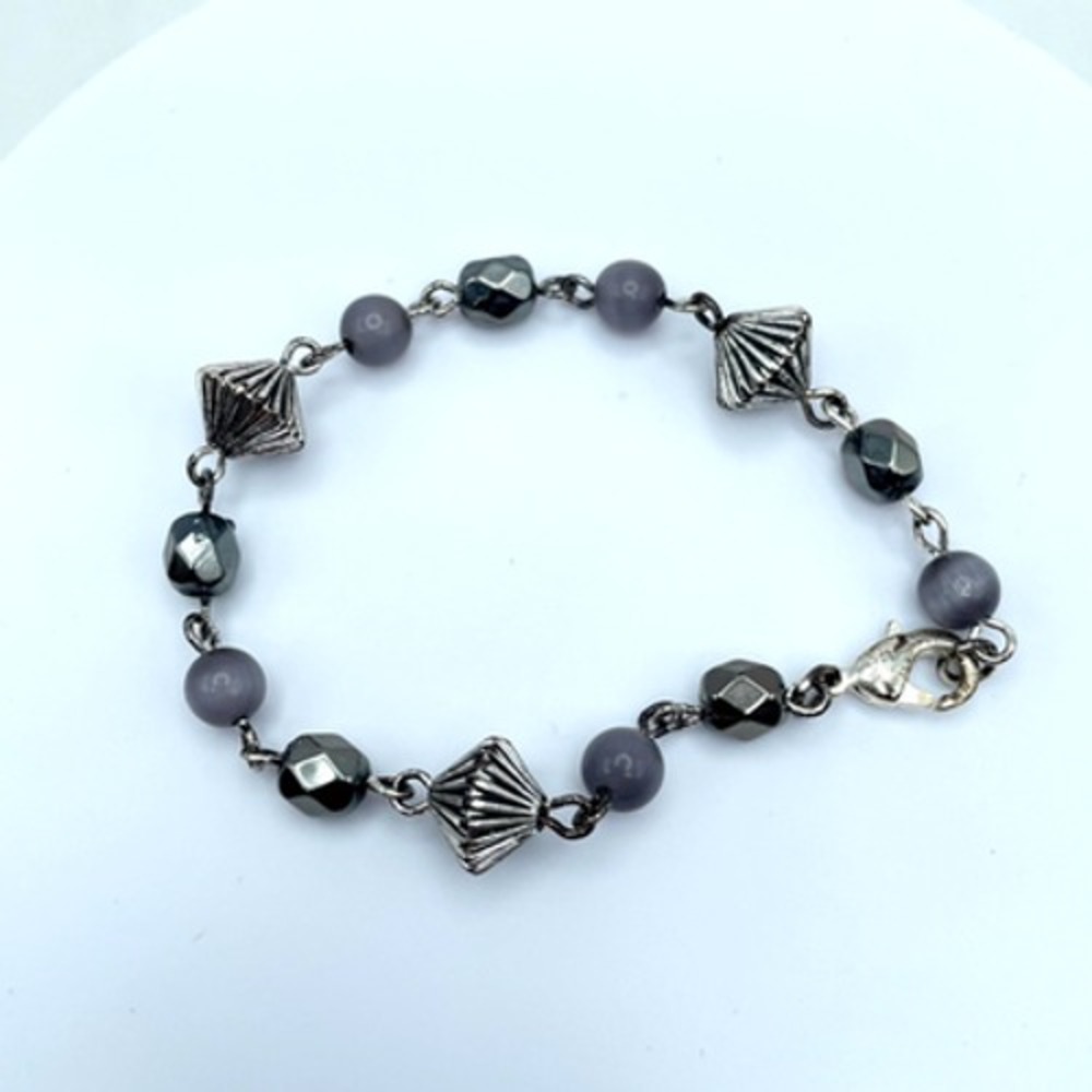 Contemporary Silver-Tone Hematite Style Bicone Faceted Beaded Lobster Bracelet